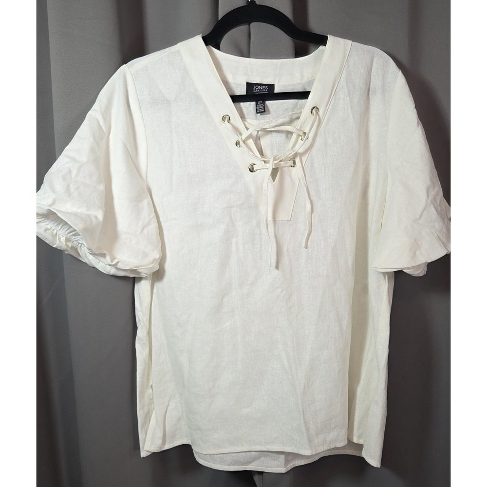 Jones New York Women's Linen Cream Lace up neck Puff Sleeves Pull Over Shirt Med